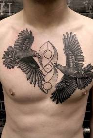 Pecho masculino dos diseños de tatuaje de pájaro simétrico