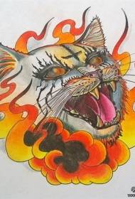 European and American school cat head color flame tattoo pattern manuscript