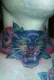 Padrão de tatuagem de gato grande rosa e diabo no pescoço