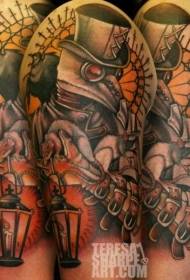Paxaro colorido da vella escola de gran brazo con patrón de tatuaxe de vela