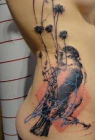 Sānu ribu jauks putns un zila putna silueta tetovējuma raksts