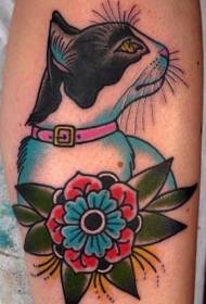 Modello di tatuaggio carino gatto e fiore colorato vecchia scuola