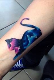 Schoolgirl arm painted watercolor starry element kitten silhouette tattoo picture