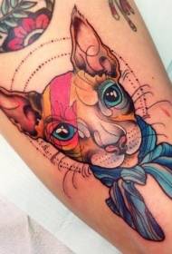 Modello di tatuaggio di ritratto e arco di gatto di nuova scuola a colori