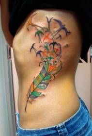 Modello di tatuaggio a coste colorate di piume di uccelli