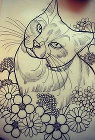 Manoscritto modello new tattoo gatto fiori freschi scuola