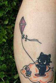 Chaton noir volant modèle de tatouage de dessin animé de cerf-volant