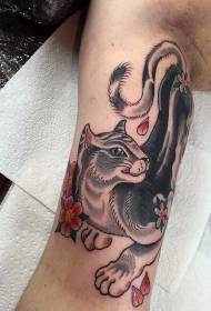 Motif de tatouage chat et fleur de couleur style bras illustration