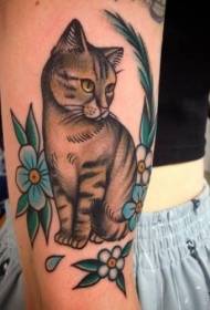 ຮູບແບບ tattoo cat ນັ່ງຢູ່ຂ້າງດອກ