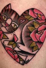 Tatuaje de gato en forma de corazón: un conxunto de deseños de tatuajes de corazón en estilo de gatos vellos escolares