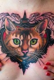 Rinnan sydämen muoto ja kissan pään tatuointikuvio