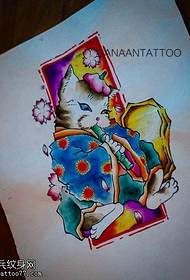 Цветное изображение рукописной татуировки кота кимоно