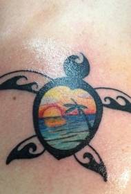 Fantastisk svart sköldpadda och solnedgång tatuering mönster