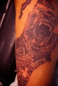 Amazing black and white roaring bear combined with Mayan flat tattoo pattern
