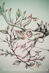 歐美麋鹿葉紋身圖案手稿