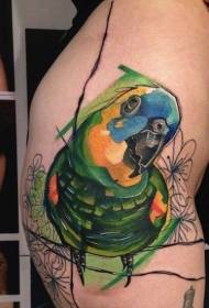 Akvareļu stila gudrs papagailis krāsas tetovējums