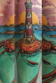 Kleurrijke cartoon vuurtoren en krab tattoo patroon