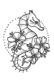 Manusia kecil tato tato bunga hippocampus segar