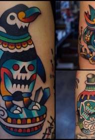 Patrón de tatuaje de pingüino de la vieja escuela de dibujos animados europeos y estadounidenses