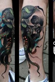 Jauna stila krāsaina cilvēka galvaskausa astoņkāja tetovējuma attēls