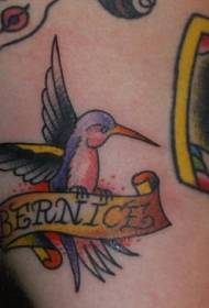 Leg colored hummingbird with English tattoo pattern