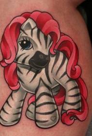 Cute zebra eta arrosa ilea marrazki bizidunen tatuaje eredua