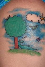 Motif de tatouage de dinosaure écoutant de la musique sous l'arbre