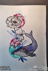 잉크 스타일 고래 꽃 문신 패턴