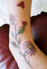 Piccolo modello di tatuaggio coccinella margherita colorata fresca