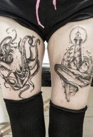 Makumbo matema minimalist octopus uye yakakura llightouse tattoo maitiro