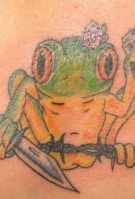 Patrón de tatuaje de rana con una pistola y una daga