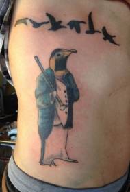 Lado da cintura colorido padrão de tatuagem de pássaro e pinguim