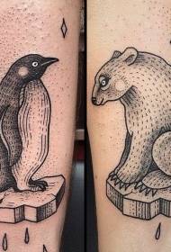 Old eskola puntu beltza pinguino eta hartza izotz tatuaje eredua