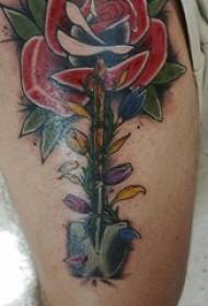 男孩的大腿畫簡單的線條創意植物玫瑰紋身圖片