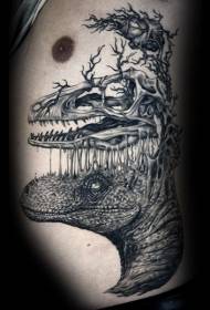 Сюрреалистический стиль черный череп динозавра и рисунок тату с сердцем