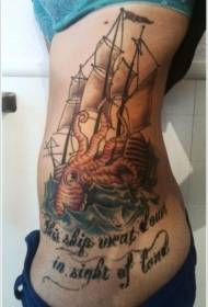 Derék oldalsó színű óriás polip támadás hajó tetoválás kép