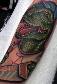 Стари школски диносаур у боји са узорком тетоваже тестере