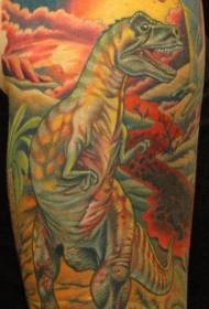 Scenic tattoo pattern of a big-armed dinosaur falling on a comet