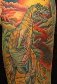Motivo scenico del tatuaggio di un dinosauro armato che cade su una cometa