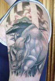 Black and gray rhinoceros tattoo pattern on the shoulders