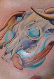 Spalvingas laukinių vakarų stiliaus bulių kaukolės tatuiruotės modelis