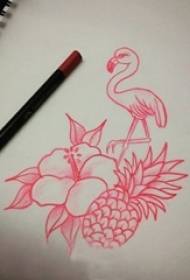 Roze schets mooie roos schattig ananas dier kraan tattoo manuscript