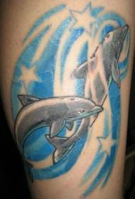 Dos dofins esquitxats d’estrelles en onada blava