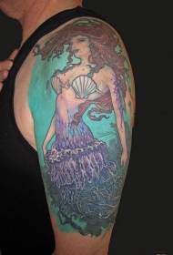 Цвят на рамото модел на татуировка на русалка с морско дъно
