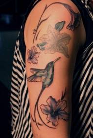 Brazo hermoso colibrí con patrón de tatuaje de flor