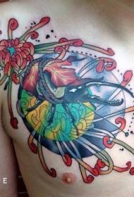 Brystfarge søte insekter og blomster tatoveringsmønster