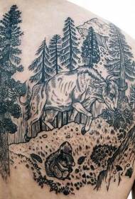 Zwarte bos koe eekhoorn tattoo patroon in terug gravure stijl