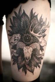 Pierna cabeza de carnero gris negro con patrón de tatuaje de flores