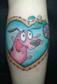 ગુલાબી કાર્ટૂન કૂતરો અને હૃદય આકારની ફ્રેમ ટેટૂ પેટર્ન