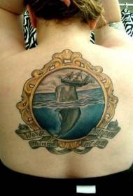 Moteriško nugaros spalvos banginio tatuiruotės modelis